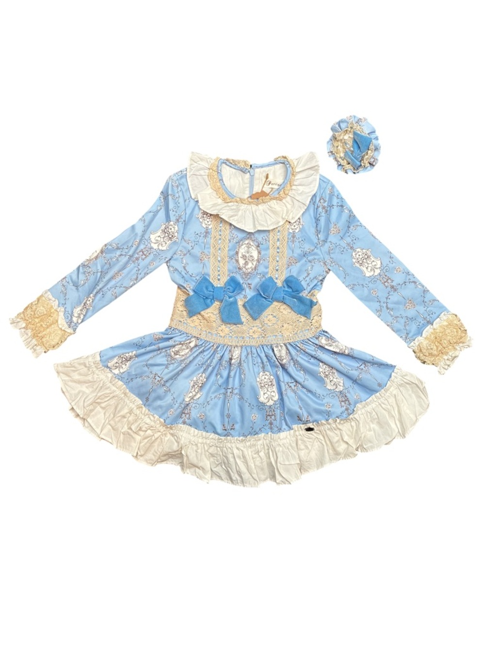 Pettigirl Blue, White & Cream Ruffle-Trim Formal Kids Dress with Bows